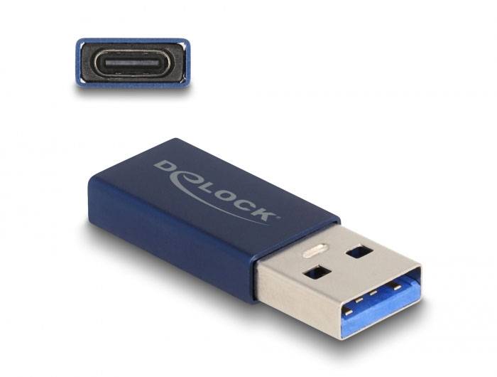 Niebieski adapter USB-A z napisem 'Delock' i portem USB-C w lewym górnym rogu. Adapter łączy urządzenia z USB-C z gniazdami USB-A.