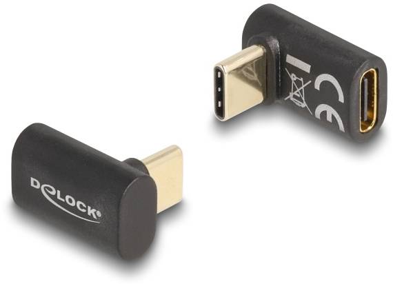 Dwa adaptery kątowe USB-C firmy Delock, czarne ze złotymi złączami, wykonane w kształcie litery L. Jeden przedstawia wtyczkę, drugi gniazdo.