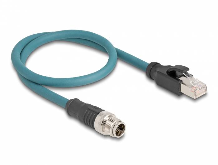Niebieski kabel Ethernet z wtykiem RJ45 po jednej stronie i wtykiem okrągłym po drugiej stronie leży na białym tle.