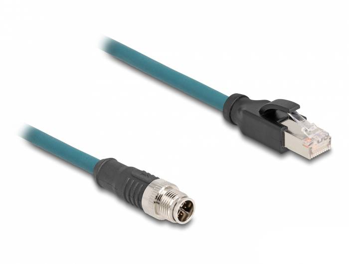 Niebieski kabel sieciowy z wtyczką M12 po jednej stronie i wtyczką RJ45 po drugiej, przeznaczony do zastosowań przemysłowych.