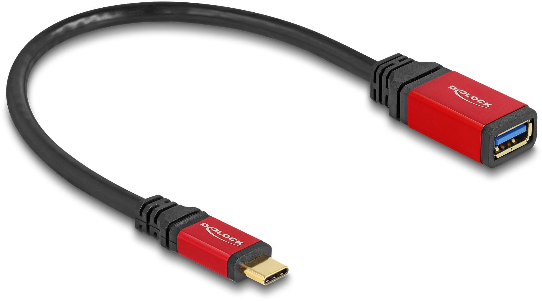 Przewód USB-C na USB-A, czarny kabel z czerwonymi złączami i niebieskim gniazdem USB-A, firmy Delock.