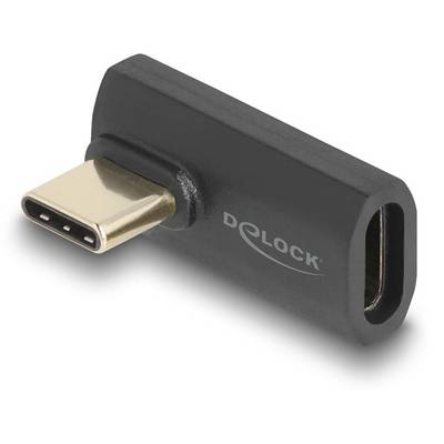 Adapter USB-C firmy Delock, czarny, z żeńskim złączem USB-C i męską wtyczką USB-C, ułożony poziomo.