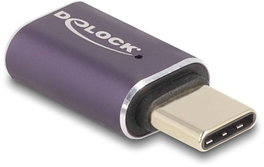 Adapter USB-C w kolorze fioletowym z logo 'DeLOCK', służący do łączenia urządzeń z różnymi złączami.