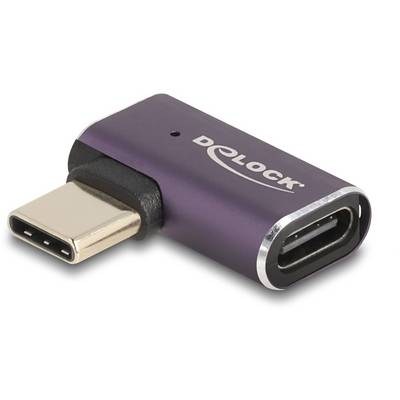 Adapter USB-C w kształcie litery L z fioletową obudową i czarną strefą przyłączeniową. Nazwa marki 'Delock' widoczna na górnej powierzchni.