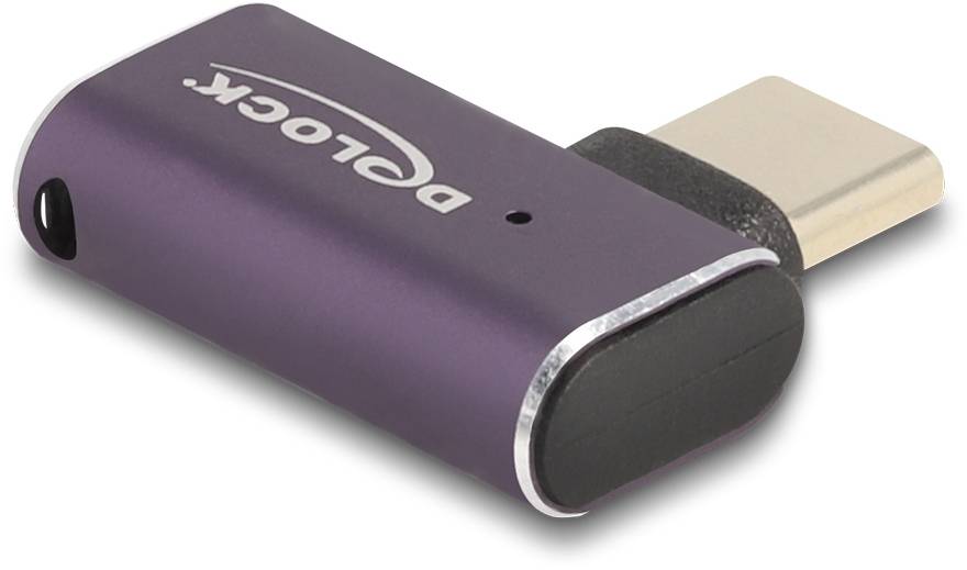 Adapter USB-C z fioletową obudową, z nadrukowaną marką z boku.