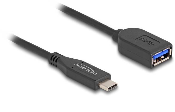 Wtyczka USB-C i wtyczka USB-A na jednym kablu. Wtyczka USB-A jest czarna z niebieskim złączem, wtyczka USB-C jest wąska.