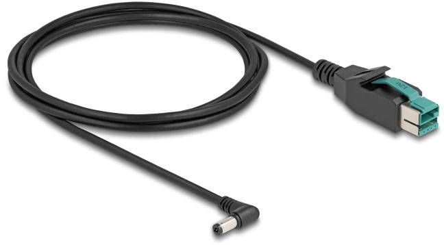 Czarny kabel zasilający do komputera z prostokątną i okrągłą wtyczką, częściowo zwinięty.