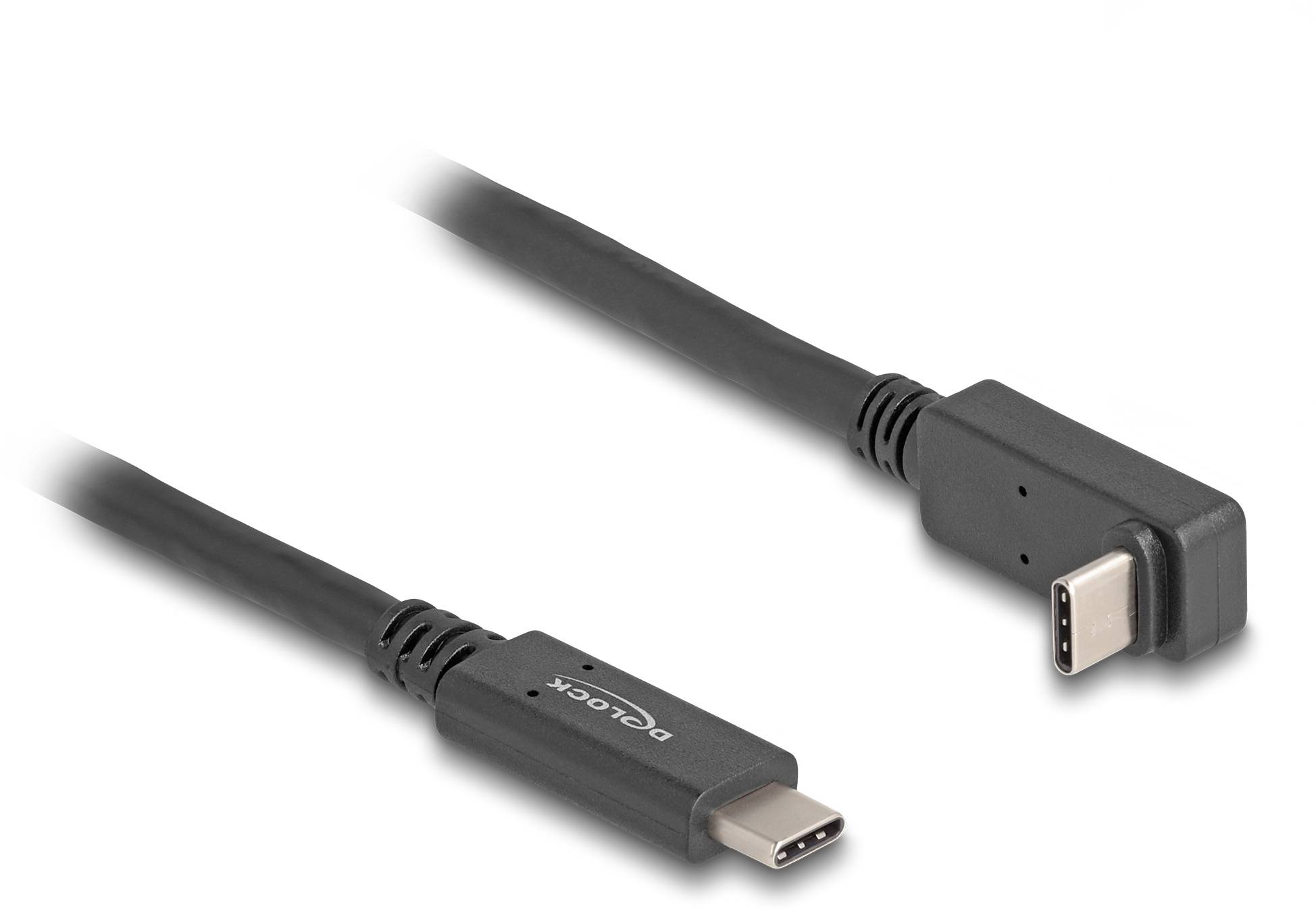 Dwa kable USB-C, jeden z wtyczką kątową. Są czarne i służą do podłączania urządzeń.