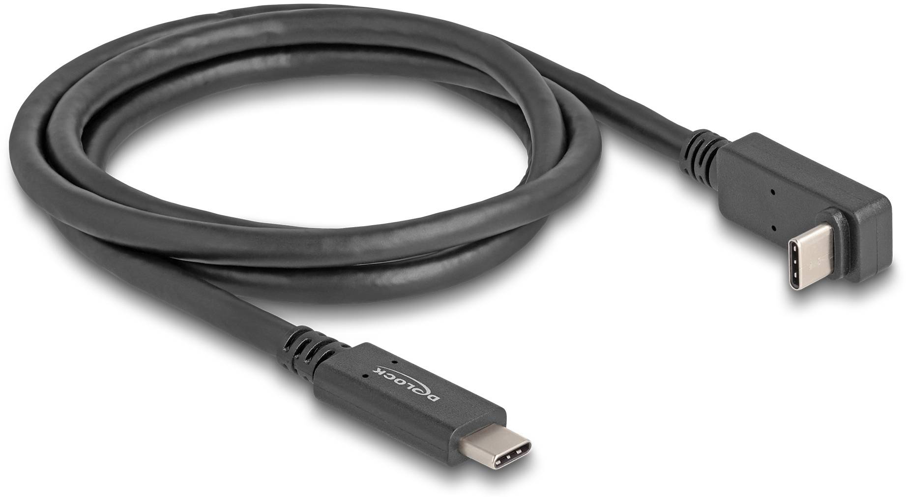 Czarny kabel USB-C z wtyczką kątową po jednej stronie i prostą wtyczką po drugiej stronie.