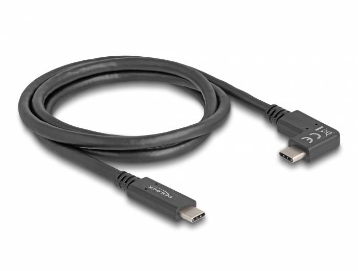Czarny kabel USB-C z wtyczką kątową po jednej stronie, odpowiedni do transferu danych i ładowania.