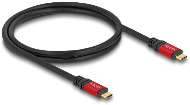Czarny kabel HDMI z czerwonymi wtykami na obu końcach, używany do łączenia urządzeń w celu przesyłania sygnałów wideo i audio.
