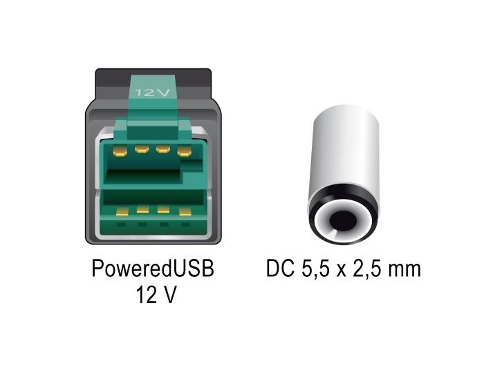 Złącze 'PoweredUSB 12 V' i 'DC 5,5 x 2,5 mm'. Po lewej: zielone złącze PoweredUSB, po prawej: srebrne złącze DC.