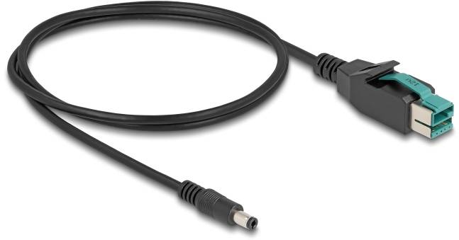 Czarny kabel do przesyłu danych i zasilania z prostokątną wtyczką po jednej stronie i okrągłą wtyczką po drugiej stronie.