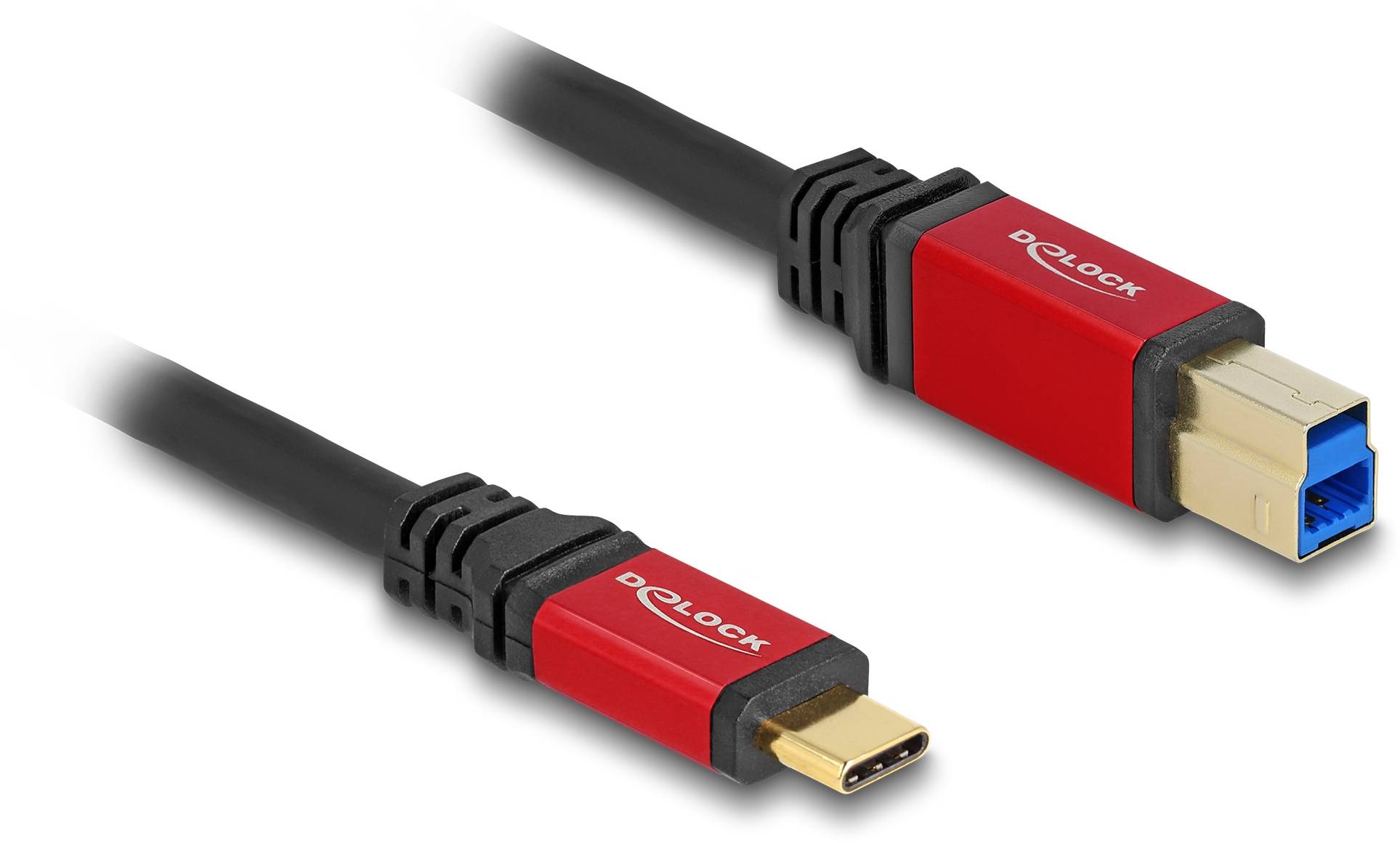 Kabel USB z czerwonymi wtyczkami: po lewej USB-C, po prawej USB 3.0 typ B. Czarny kabel łączący urządzenia elektroniczne.