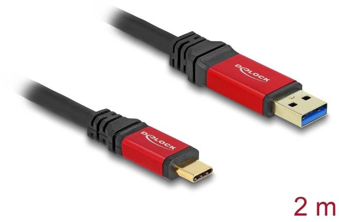 Kabel USB A na USB C, 2 metry, czerwono-czarne, marka Delock. Do przesyłania danych i ładowania kompatybilnych urządzeń.