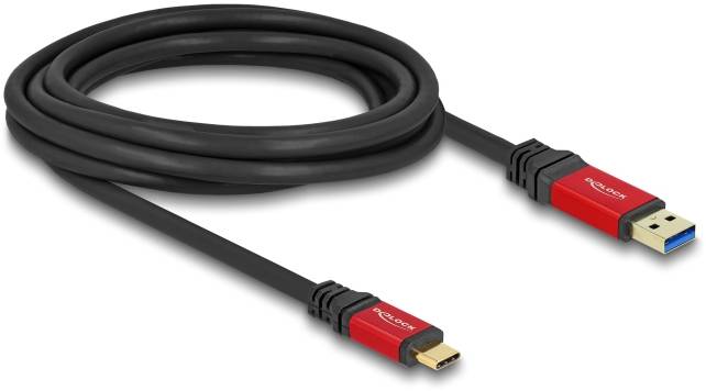 Czarny kabel z czerwonymi wtyczkami: po lewej stronie Micro-USB, po prawej stronie USB-A.