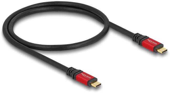 Czarny kabel HDMI z czerwonymi wtyczkami; odpowiedni do łączenia urządzeń do przesyłania dźwięku i obrazu.