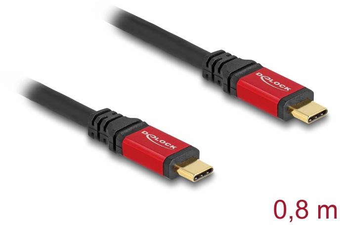Kabel USB-C z dwoma czarnymi wtykami i czerwonymi obudowami. Nadruk 'DELOCK'. Długość: 0,8 m.