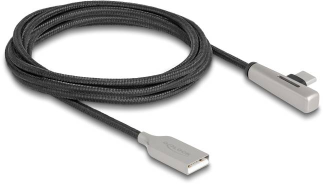 Kabel USB plecione z wtyczką kątową z jednej strony i standardowym złączem USB z drugiej strony.