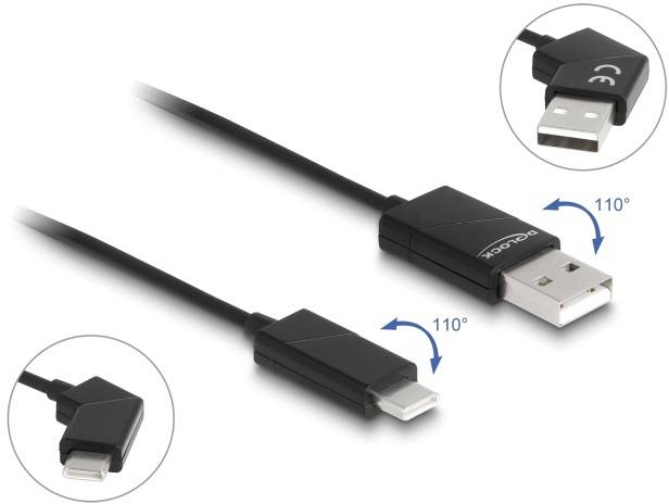 Czarny kabel USB z możliwością obrotu wtyczki o 110 stopni na obu końcach, przedstawiony w dwóch ujęciach - złącze USB i Lightning.