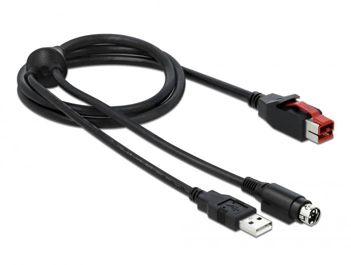Czarny kabel z wtykiem USB, okrągłym 5-pinowym złączem DIN oraz prostokątną wtyczką. Odpowiedni do połączeń audio lub MIDI.