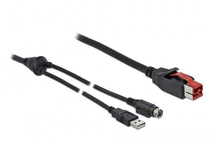 Trzy kable z różnymi złączami: wtyk czerwony i czarny, złącze USB oraz złącze cylindryczne.