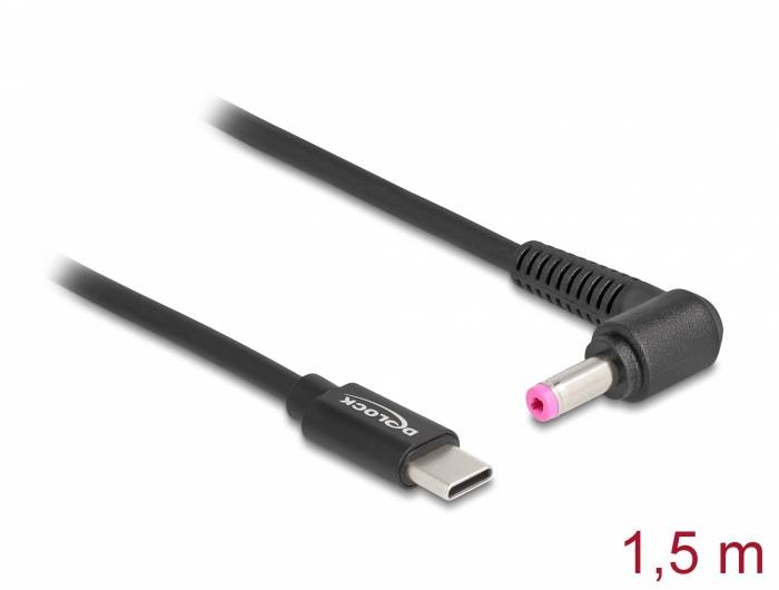 Kabel USB-C na DC o długości 1,5 m przedstawia czarny przewód z wtyczką USB-C na jednym końcu i wtyczką DC na drugim końcu.