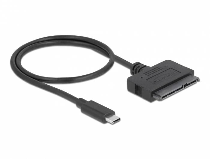 Kabel USB-C do SATA do podłączenia dysków SATA do urządzeń z interfejsem USB-C. Czarny kabel z prostokątną wtyczką SATA.