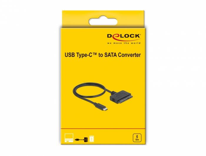 Żółte opakowanie prezentuje 'Konwerter USB Type-C do SATA' marki Delock, przeznaczony do przesyłania danych o prędkości do 6 Gb/s.