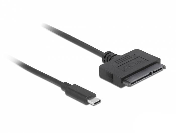 Adapter kabla USB-C na SATA, czarny, z płaskim złączem SATA. Odpowiedni do podłączania dysków SATA do urządzeń z interfejsem USB-C.