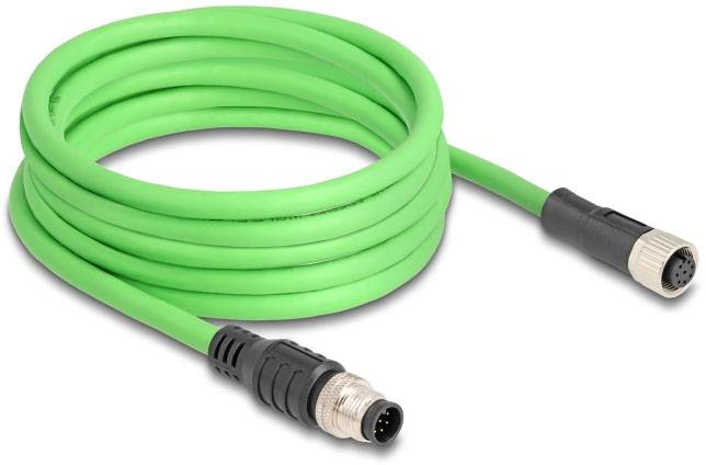 Zielony kabel z złączami M12 na obu końcach, odpowiedni do przemysłowych przyłączy czujników i elementów wykonawczych.