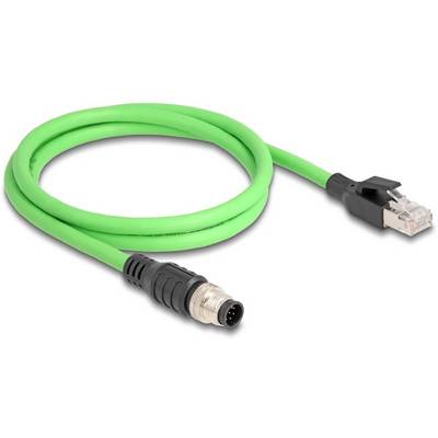 Zielony kabel Ethernet z wtykiem RJ45 po jednej stronie i okrągłym wtykiem po drugiej stronie, na białym tle.