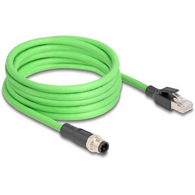 Zielony kabel Ethernet z wtykiem RJ45 i okrągłym wtykiem przemysłowym, zwinięty w rolkę. Odpowiedni do połączeń sieciowych.