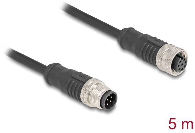 Czarny kabel z dwoma wtyczkami, jedną męską i jedną żeńską, obie z metalowym gwintem. Długość kabla: 5 metrów.