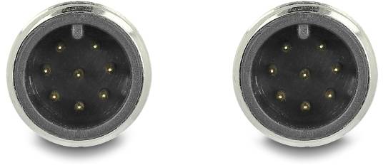 Dwa okrągłe, srebrnoszare złącza z wieloma małymi, złotymi stykami wewnątrz, ułożone obok siebie na białym tle.