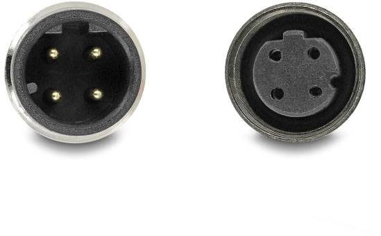 Dwa czarne wtyki XLR: po lewej stronie męski z trzema stykami, po prawej żeński z trzema otworami. Służą do połączeń audio.