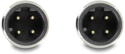 Dwa okrągłe wtyki z czterema złotymi stykami każdy, ułożone obok siebie. Nadają się do podłączania urządzeń elektronicznych.