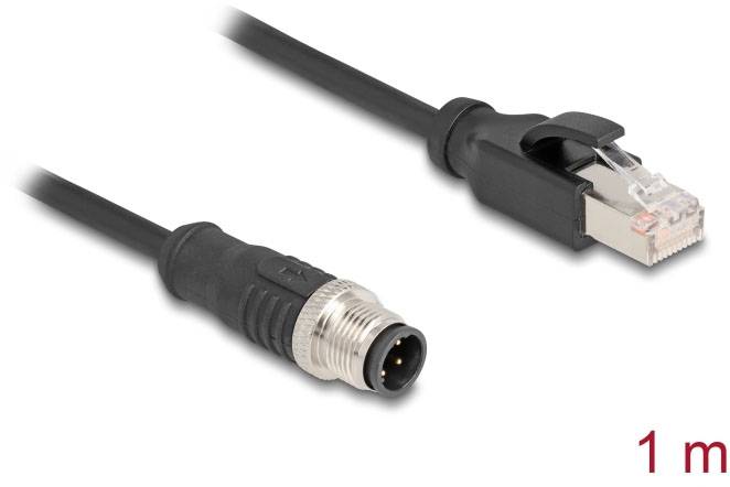 Czarny kabel połączeniowy z wtykiem RJ45 i złączem okrągłym, długość: 1 metr.
