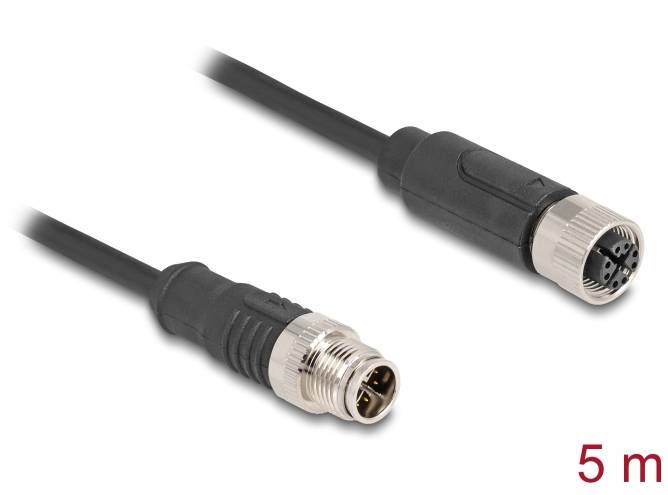 Czarny kabel M12, wtyk i gniazdo, długość 5 metrów. Odpowiedni do zastosowań przemysłowych, transmisji danych lub energii elektrycznej.