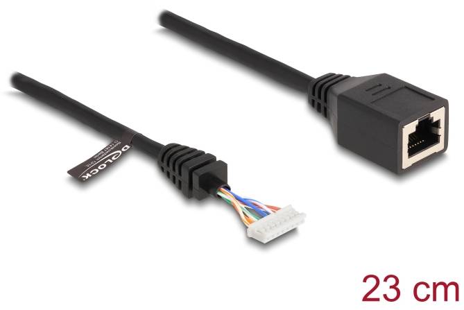 Czarny kabel sieciowy, 23 cm długości, z wtykiem RJ45 po jednej stronie i otwartym końcem kabla z kolorowymi przewodami po drugiej stronie.