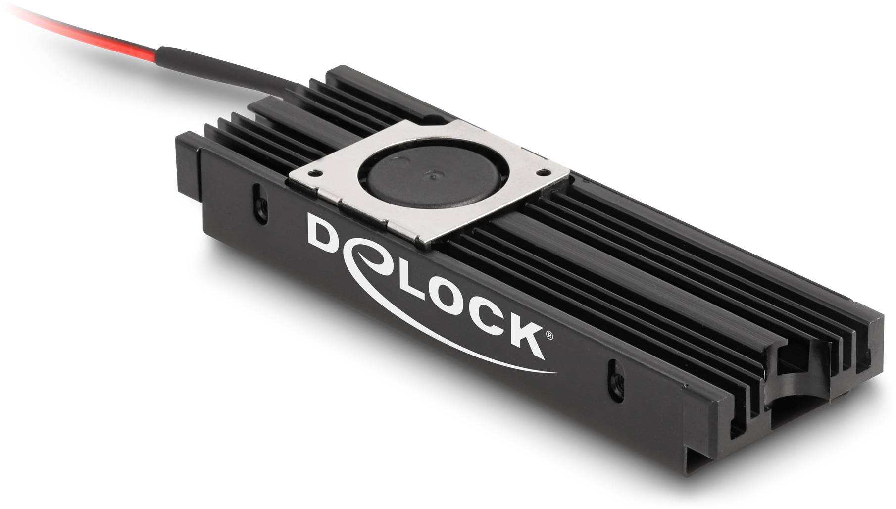 Czarny radiator Delock z wentylatorem i podłączeniem przewodu, używany do chłodzenia komponentów komputerowych.