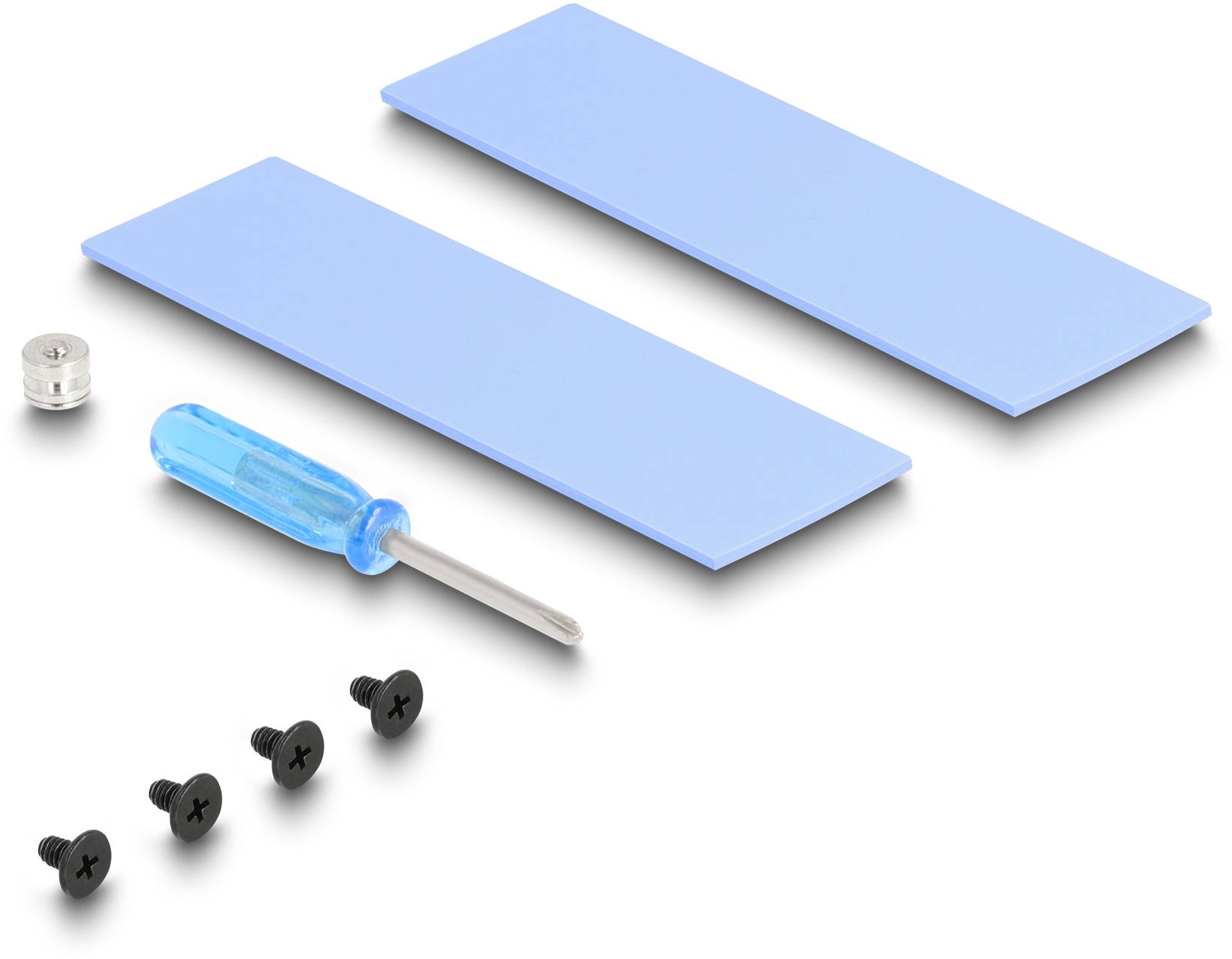 Akcesoria montażowe składające się z dwóch niebieskich płyt, śrubokręta, czterech czarnych śrub i małego elementu metalowego.