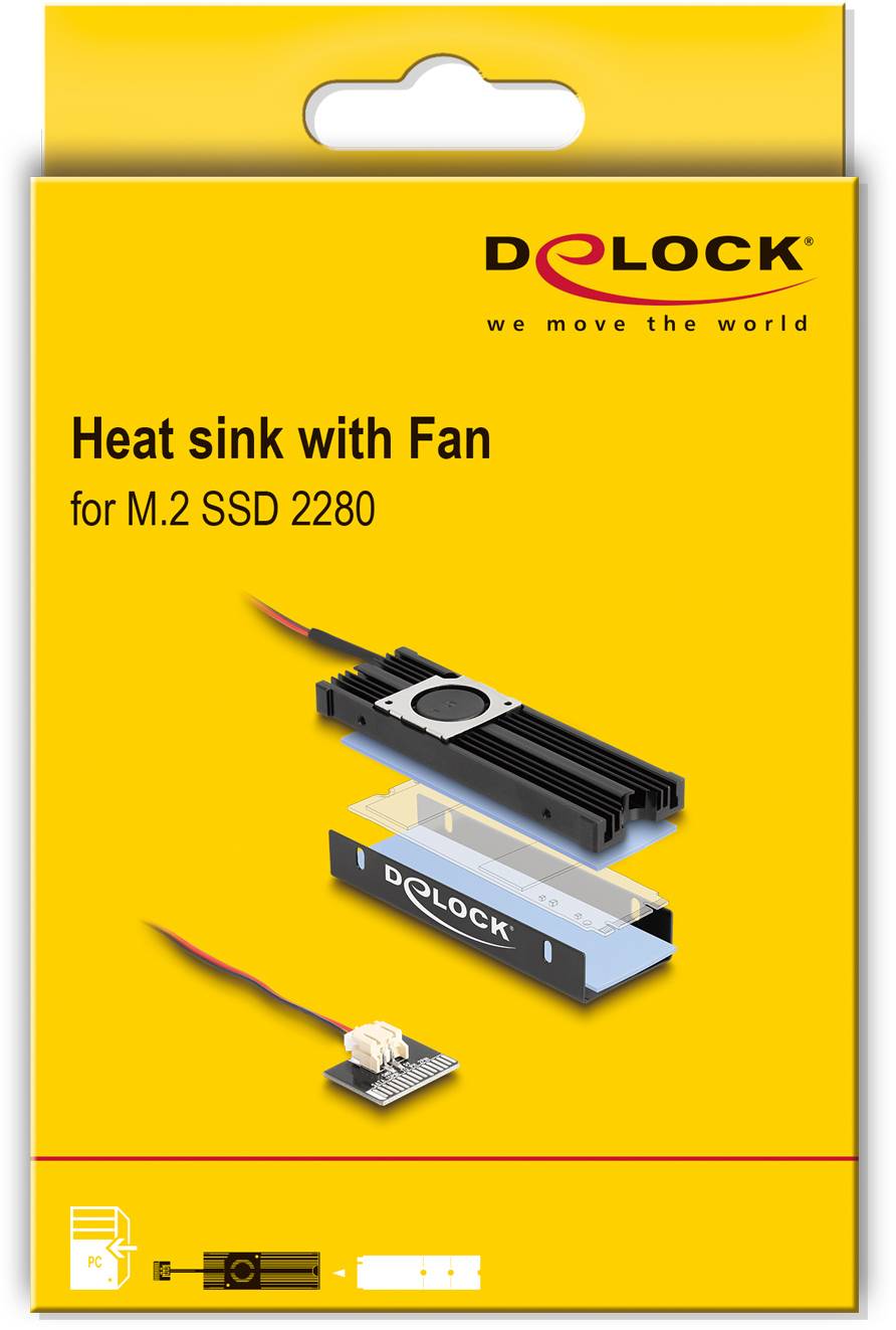 Opakowanie chłodnicy Delock z wentylatorem do dysku SSD M.2 2280, przedstawione z rozłożonym radiatorem i przewodem.