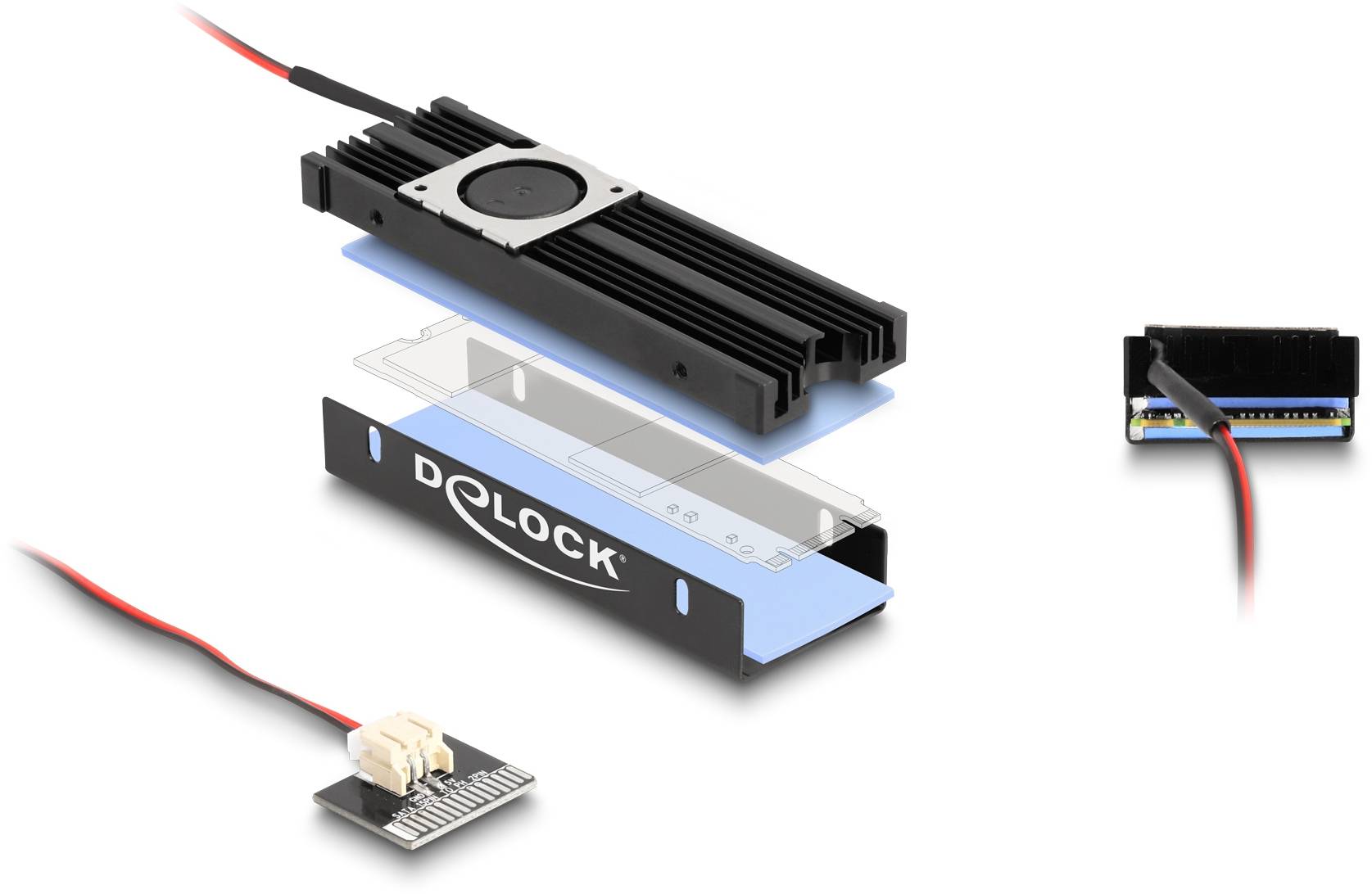 Radiator SSD z akcesoriami: Radiator z wentylatorem u góry, poniżej komponenty pamięci. Po prawej stronie małe złącze, w lewym dolnym rogu przewód połączeniowy.