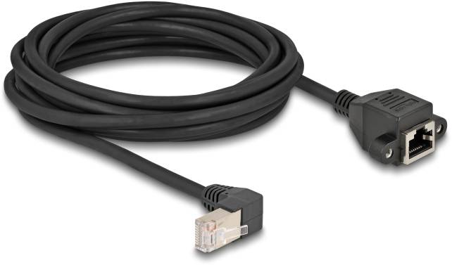 Długi czarny kabel Ethernet z wtyczką RJ45 męską i żeńską, odpowiedni do połączeń sieciowych.