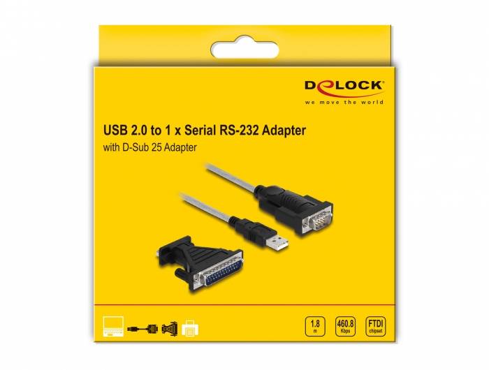 Opakowanie adaptera Delock USB 2.0 do 1 x Serial RS-232 z adapterem D-Sub 25, żółte tło, ilustracje złączy.