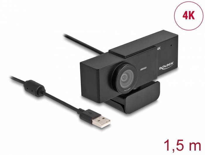 Czarna kamera internetowa 4K firmy Delock z kablem USB o długości 1,5 m.