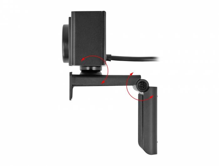 Widok z boku uchwytu na kamerę internetową z dwoma obrotowymi przegubami, oznaczonymi czerwonymi strzałkami, które służą do regulacji kąta.