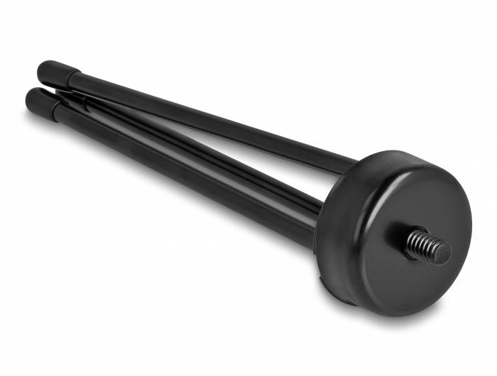 Czarny, trójnożny statyw metalowy z mocowaniem śrubowym.