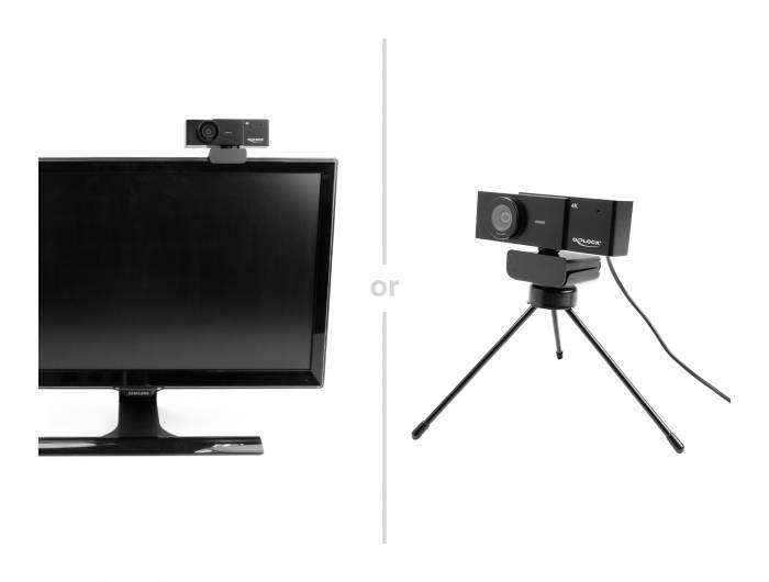 Monitor z zamontowaną kamerką internetową po lewej stronie, osobna kamerka internetowa na statywie po prawej stronie.